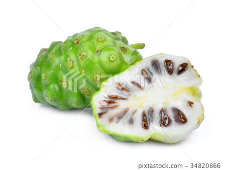 whole and half of noni fruit isolated on white  34820866