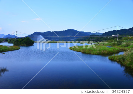 Miyagase lake water town large suspension bridge 34824537