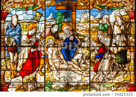 Beautiful stained glass window depicting the Beautiful stained glass window depicting the 34825325