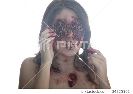 Girl with realistic sores and worms in her eyes 34825501