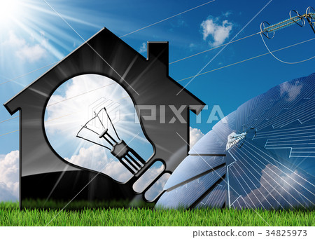 Model House with Solar Panels and Power Line 34825973