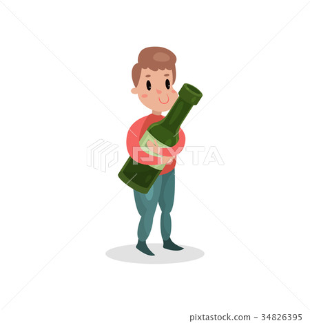 Young man holding giant bottle of alcohol, harmful Young man holding giant bottle of alcohol, harmful 34826395