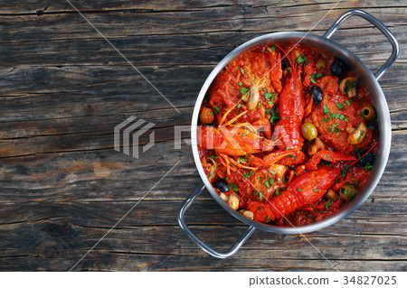 chicken marengo in stewpan on table 34827025