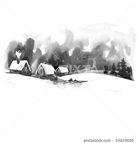 Watercolor Winter Landscape. Vintage Christmas 34829086