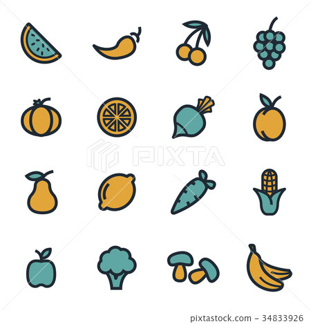 Vector flat fruit and vegetables icons set - Stock Illustration ...