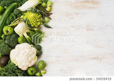 Top view of green vegetables and fruits Top view of green vegetables and fruits 34839419