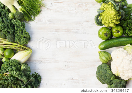 Top view of green vegetables and fruits 34839427