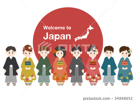 歡迎來到日本插圖和服男女白色背景 歡迎來到日本插圖和服男女白色背景 34848052