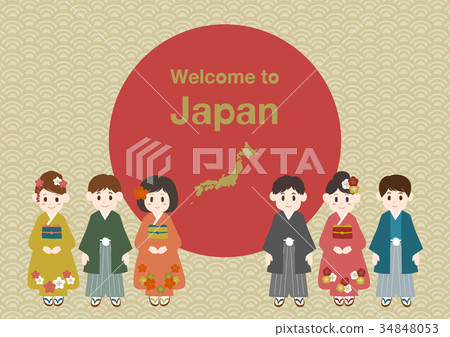 歡迎來到日本插圖和服男女日本圖案背景 歡迎來到日本插圖和服男女日本圖案背景 34848053