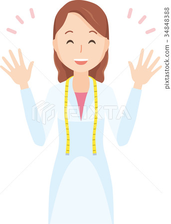 Illustration-upper body of female nutritionist smiling with open hand 34848388