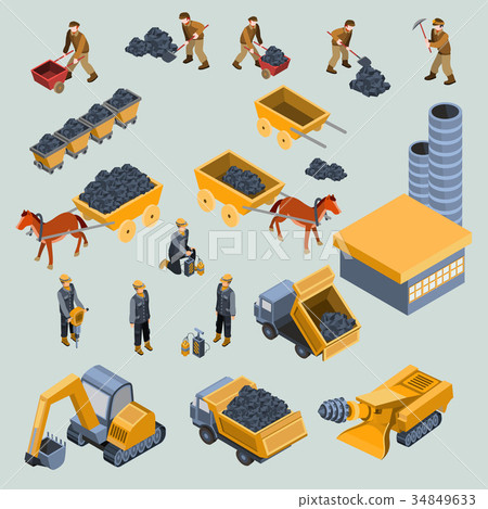 Mine, quarry workers and machines isometric vector 34849633