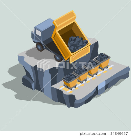 Dump truck ships coal into coal carts isometric 34849637