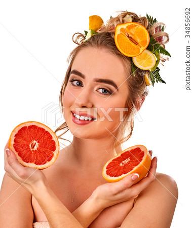 Hair hydrating mask from fresh fruits on woman Hair hydrating mask from fresh fruits on woman 34856692