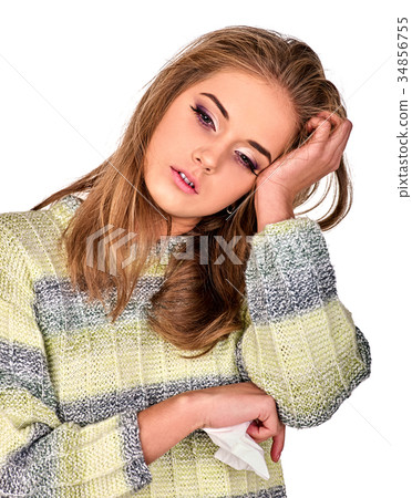 Woman holding nasal spray, packaging pill and 34856755