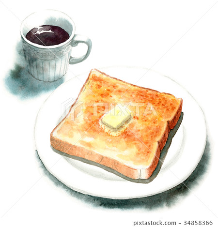 Butter Toast And Coffee Painted By Watercolor Stock Illustration