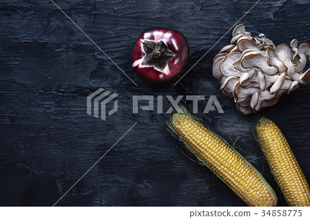 Organic vegetables on wooden table. Top view Organic vegetables on wooden table. Top view 34858775