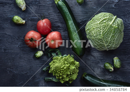 Organic vegetables on wooden table. Top view Organic vegetables on wooden table. Top view 34858784