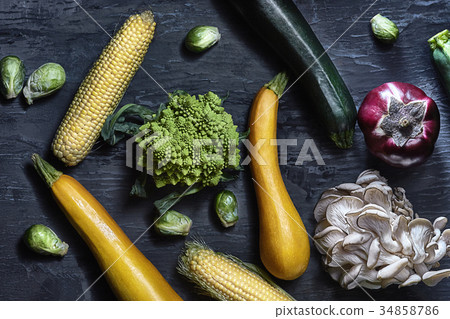 Organic vegetables on wooden table. Top view 34858786