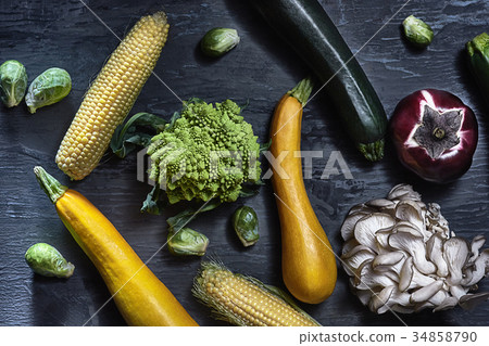 Organic vegetables on wooden table. Top view Organic vegetables on wooden table. Top view 34858790