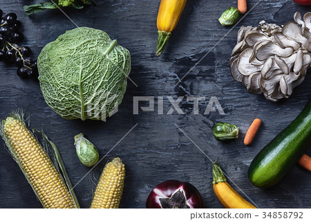Organic vegetables on wooden table. Top view Organic vegetables on wooden table. Top view 34858792