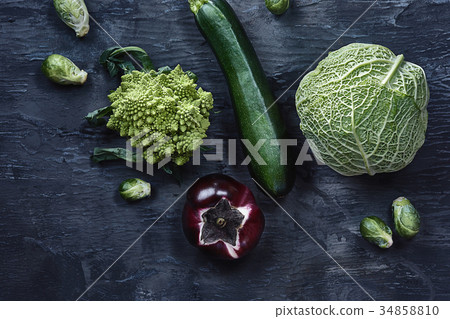Organic vegetables on wooden table. Top view Organic vegetables on wooden table. Top view 34858810