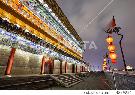 Xian City Wall at night, Shaanxi Province, China. 34859234