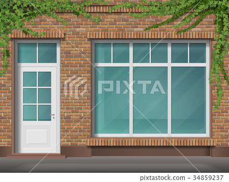 Brick store front with large window and ivy 34859237