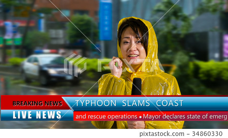 Weather reporter reporting on storm 34860330