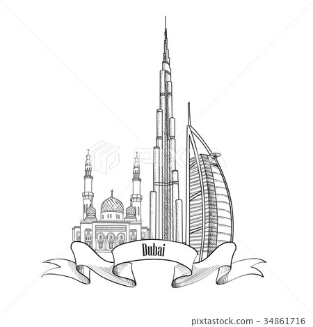 Travel UAE symbol. Dubai city label. Travel UAE symbol. Dubai city label. 34861716