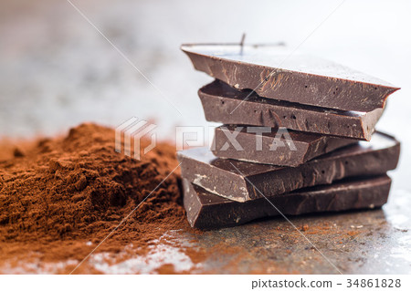 Dark cocoa powder and chocolate. 34861828