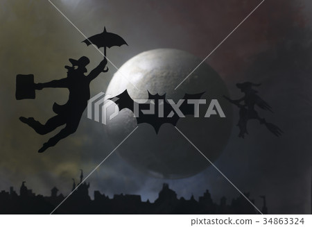 A man is flying over the city, against the backgro 34863324