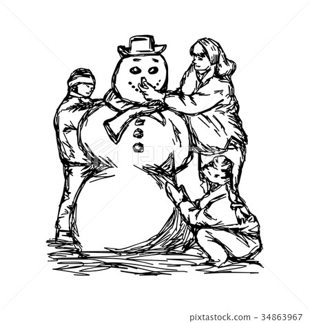 Happy mother and two children building snowman Happy mother and two children building snowman 34863967