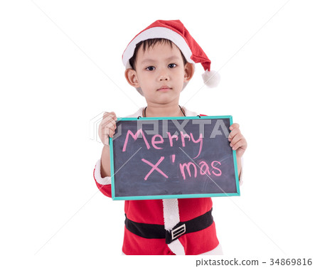 Asian kid dress up as santa claus. In his hand holding the black board . Asian kid dress up as santa claus. In his hand holding the black board . 34869816