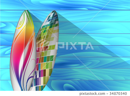 surfing board against blue wooden wall 34870340