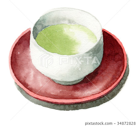 Tea bowl and tea table with analog watercolor green tea 34872828