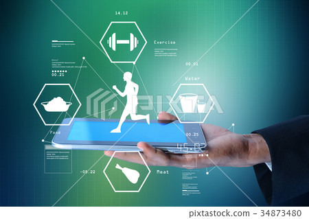Man showing life style chart on tablet 34873480
