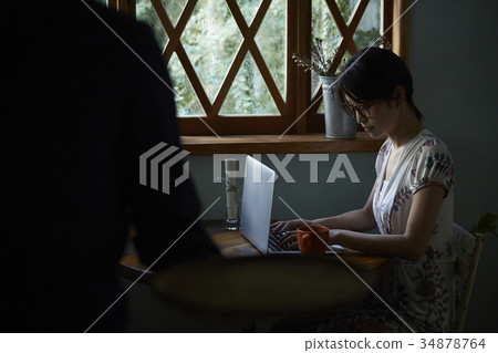 Rainy day woman spending time in cafe 34878764