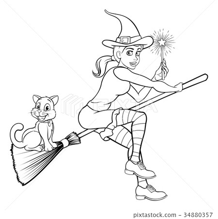 Witch with Magic Wand and Cat on Broomstick Witch with Magic Wand and Cat on Broomstick 34880357