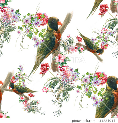 Watercolor painting with birds and flowers pattern Watercolor painting with birds and flowers pattern 34881041