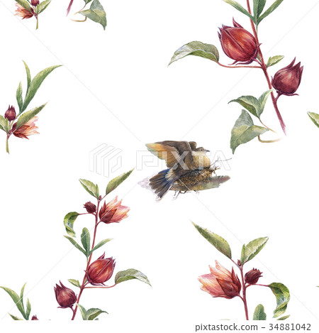 Watercolor painting of leaf and flowers pattern 34881042