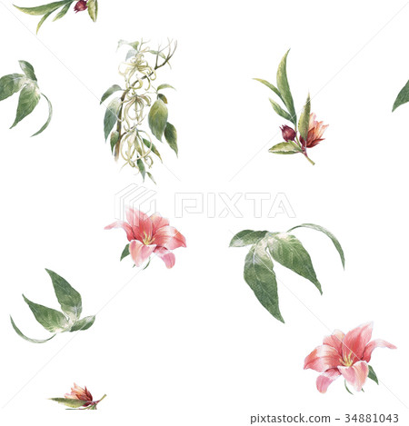 Watercolor painting of leaf and flowers pattern Watercolor painting of leaf and flowers pattern 34881043