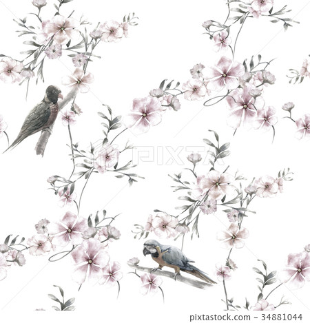 Watercolor painting with birds and flowers pattern Watercolor painting with birds and flowers pattern 34881044