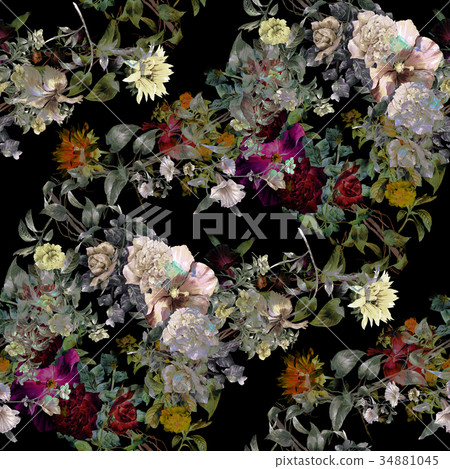 Watercolor painting of leaf and flowers pattern Watercolor painting of leaf and flowers pattern 34881045