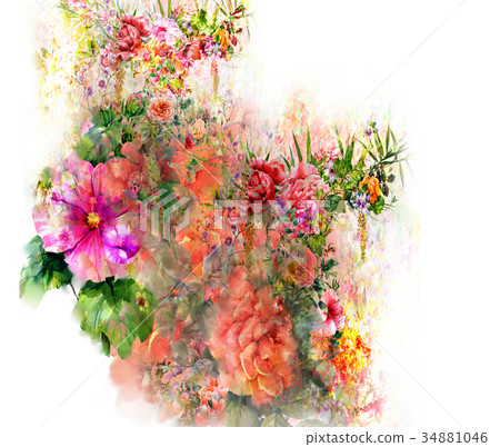 watercolor painting of leaves and flower, on white watercolor painting of leaves and flower, on white 34881046