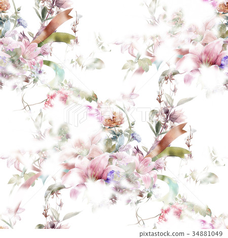 Watercolor painting of leaf and flowers pattern Watercolor painting of leaf and flowers pattern 34881049