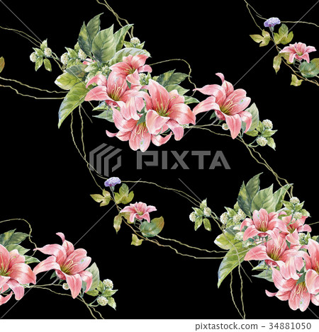 Watercolor painting of leaf and flowers pattern Watercolor painting of leaf and flowers pattern 34881050