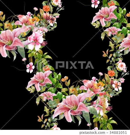 Watercolor painting of leaf and flowers pattern Watercolor painting of leaf and flowers pattern 34881051