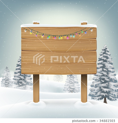 christmas wood board sign with snow winter - Stock Illustration ...
