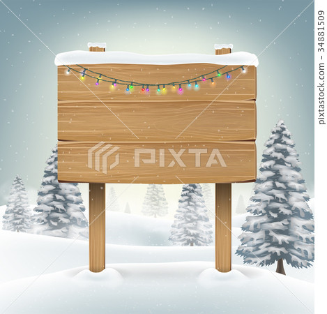 christmas wood board sign with snow winter  34881509