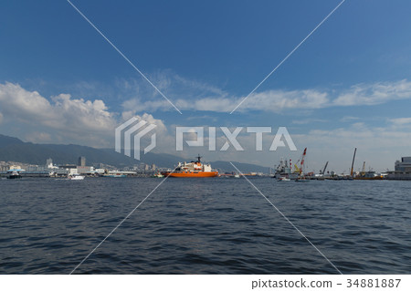 港口鎮的風景。破冰船Shirase Kobe港口出發 港口鎮的風景。破冰船Shirase Kobe港口出發 34881887
